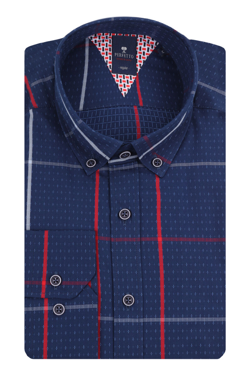 Erkek Lacivert Kırmızı Ekose Regular Fit Gömlek - 3