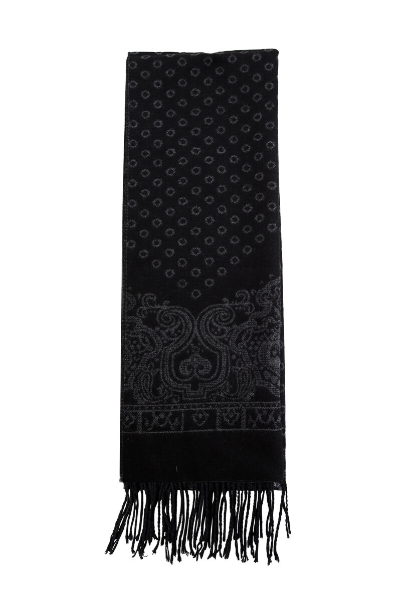 Erkek Siyah Gri Yünlü Desenli Kaşkol - 3