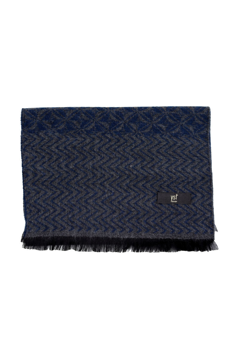 Erkek Lacivert Gri Yünlü Karışık Desenli Kaşkol - 1