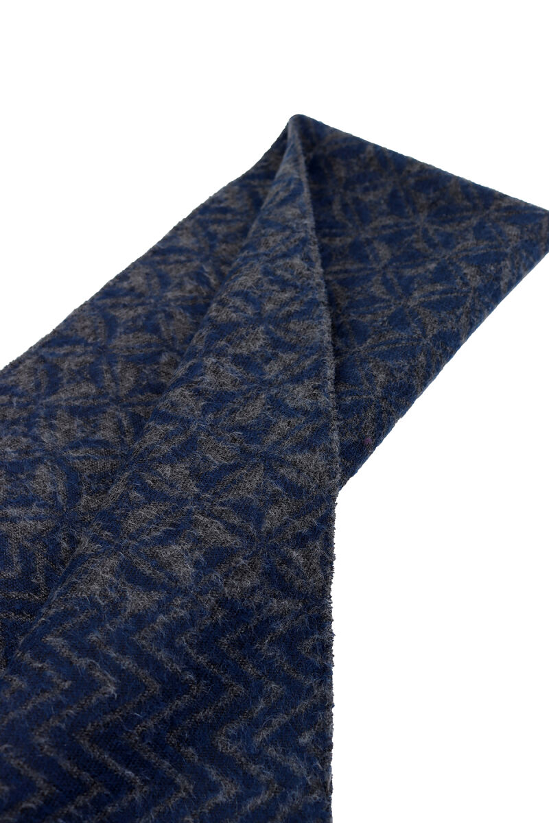 Erkek Lacivert Gri Yünlü Karışık Desenli Kaşkol - 2