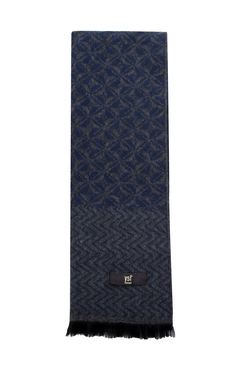 Erkek Lacivert Gri Yünlü Karışık Desenli Kaşkol - 3